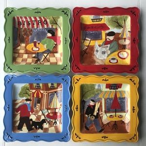 Set Of 4 “Sidewalk Cafe” Square Serving Plates By Jennifer Brinley 8.75”